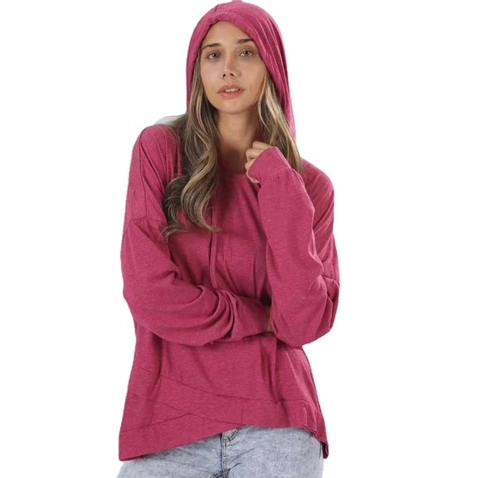 Women's Casual Loose Solid Color Hooded Sweatshirt With Irregular Cross Hem Long Sleeve Drawstring Pullover Hoodie Tops