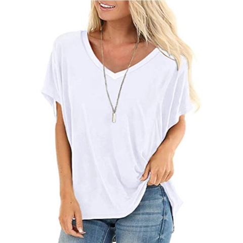 Women Loose V Neck Short Sleeve T Shirt Casual Solid Color Curved Hem Pullover Summer Basic Tee Streetwear Top