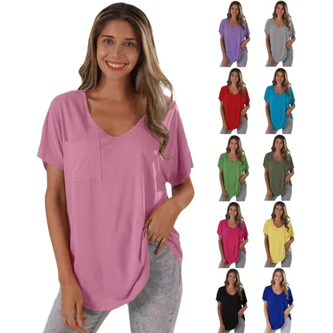 Women Casual V Neck T-Shirt Short Sleeve Loose Fit Polyester Blend Pocket Top Solid Color Basic Summer Fashion Streetwear Tee