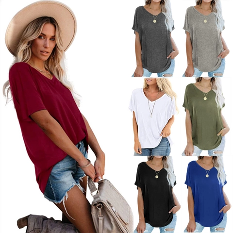 Women Loose V Neck Short Sleeve T Shirt Casual Solid Color Curved Hem Pullover Summer Basic Tee Streetwear Top
