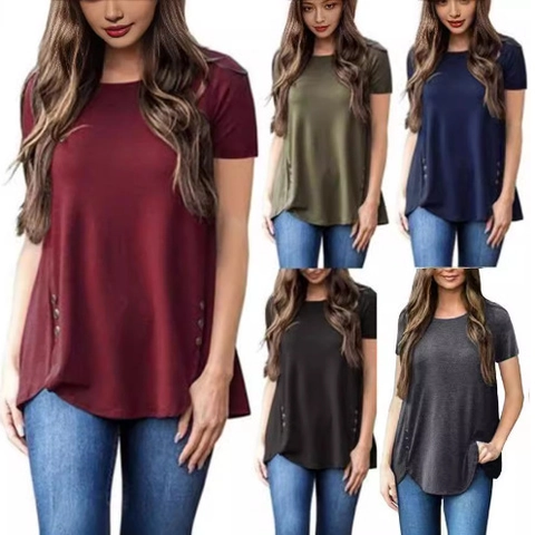 Maglietta da Donna Casual a Manica Corta con Girocollo e Bottoni Laterali Tinta Unita Orlo Curvo Top Estivo Largo