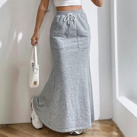Dames Casual Heather Grey Maxi Vissenstaart Rok Hoge Taille Trekkoord Sweatshirt Stof Lange Rok Met Zakken