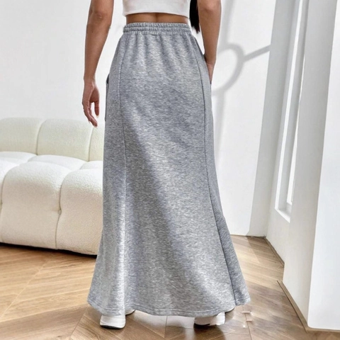 Dames Casual Heather Grey Maxi Vissenstaart Rok Hoge Taille Trekkoord Sweatshirt Stof Lange Rok Met Zakken