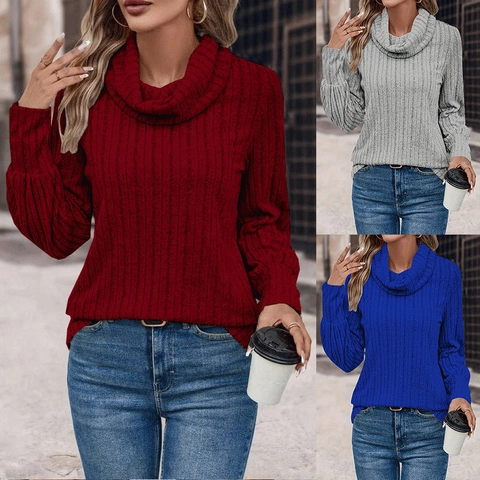 Damen Casual Wasserfallkragen Rippstrick Langarm Pullover Top Einfarbig Weich Strickpullover Für Herbst Winter