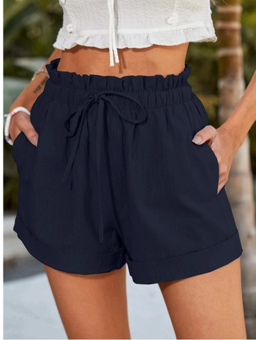 Shorts Décontractés Taille Haute Couleur Unie pour Femmes Ample Été Poche Cordon Plage