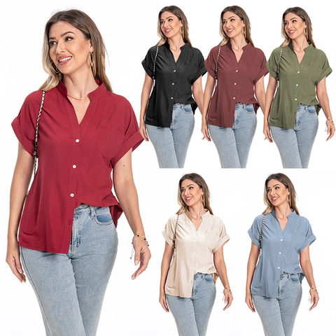 Camicia da Donna Casual a Maniche Corte Con Scollo a V e Bottoni Con Tasca in Misto Cotone Leggera Blusa Estiva Larga