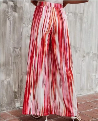Women High Waist Wide Leg Pants Vertical Striped Print Loose Casual Trousers Polyester Elastic Waist Vacation Beach Wear