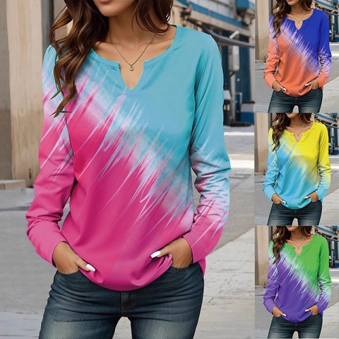 Camiseta de Manga Larga con Cuello en V para Mujer Estampado Geométrico Degradado Digital Top Casual Primavera Otoño