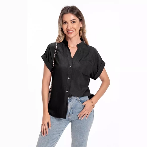 Camicia da Donna Casual a Maniche Corte Con Scollo a V e Bottoni Con Tasca in Misto Cotone Leggera Blusa Estiva Larga