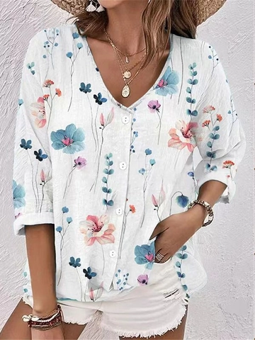 Women's Casual V-Neck Floral Print Chiffon Blouse Loose Button Down Long Sleeve Top For Spring Autumn Vacation