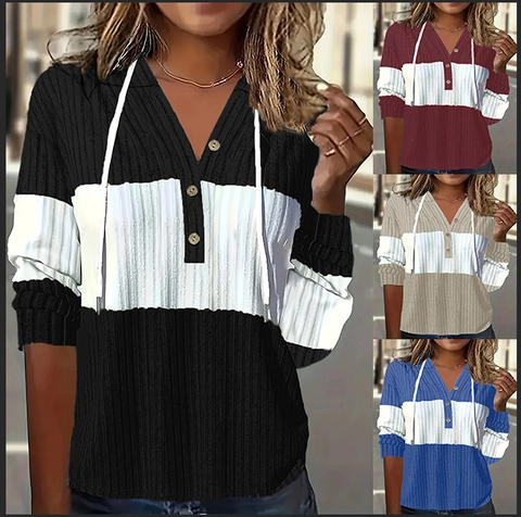 Women's Casual Patchwork Hooded Long Sleeve Knit T-Shirt Button Down V Neck Ribbed Pullover Lightweight Sweatshirt Top