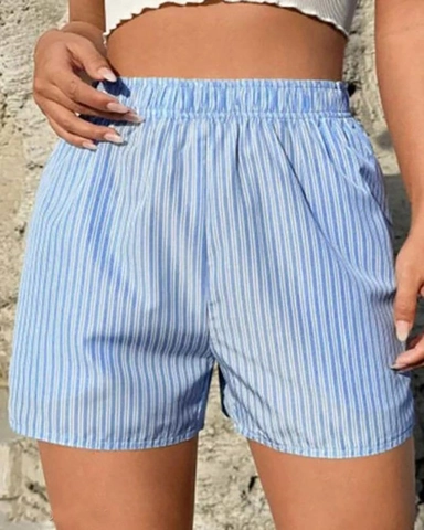 Women Casual Striped Shorts Elastic High Waist Summer Relaxed Fit Beach Short Pants With Pockets Polyester Spandex