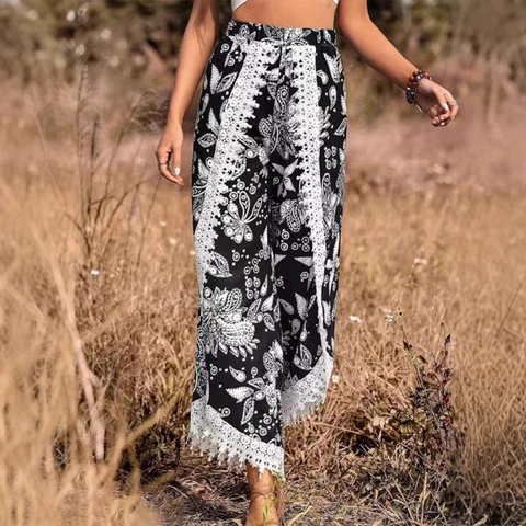Women Bohemian Paisley Floral Print Wide Leg Pants With Lace Trim Tassel High Waist Loose Casual Holiday Trousers