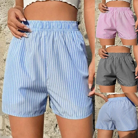 Women Casual Striped Shorts Elastic High Waist Summer Relaxed Fit Beach Short Pants With Pockets Polyester Spandex