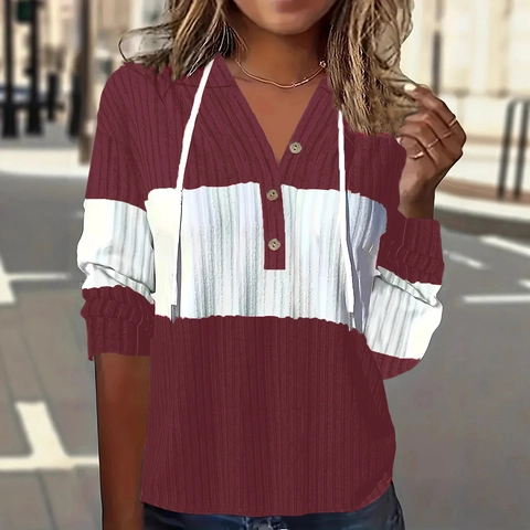 Women's Casual Patchwork Hooded Long Sleeve Knit T-Shirt Button Down V Neck Ribbed Pullover Lightweight Sweatshirt Top
