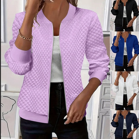 Women Casual Quilted Jacket Solid Color Diamond Lattice Zipper Long Sleeve Bomber Jacket Warm Loose Outerwear Jacket For Fall Winter