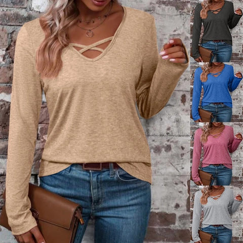 Women's Long Sleeve V Neck T-Shirt Criss Cross Strappy Detail Casual Loose Solid Color Polyester Spandex Essential Top