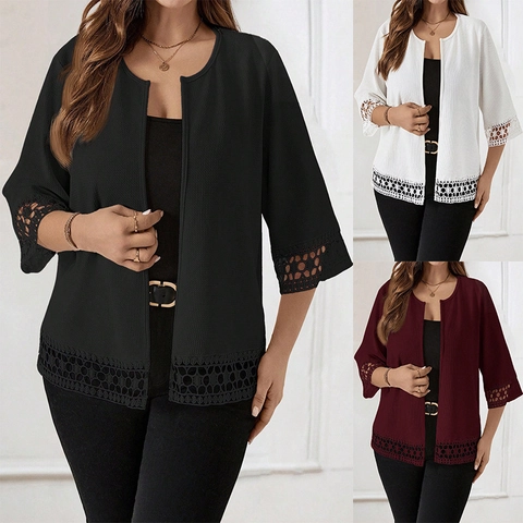 Γυναικεία Casual Ζακέτα με Υφή Βάφλας και Patchwork από Δαντέλα Διάτρητη Μανίκι 3/4 Ελαφρύ Σακάκι Top