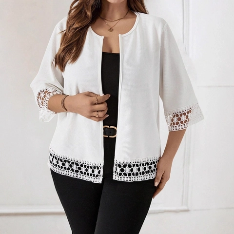 Γυναικεία Casual Ζακέτα με Υφή Βάφλας και Patchwork από Δαντέλα Διάτρητη Μανίκι 3/4 Ελαφρύ Σακάκι Top