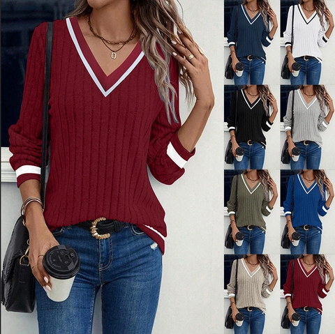 Damen Casual V-Ausschnitt Rippstrick-Oberteil Kontrastbesatz Langarm-Pullover T-Shirt Weiches Einfarbiges Tunika-Shirt Für Damen