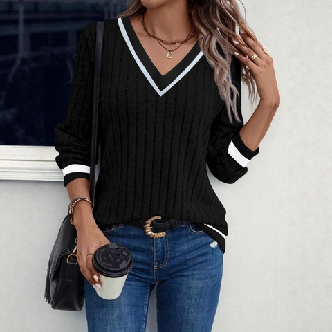 Damen Casual V-Ausschnitt Rippstrick-Oberteil Kontrastbesatz Langarm-Pullover T-Shirt Weiches Einfarbiges Tunika-Shirt Für Damen