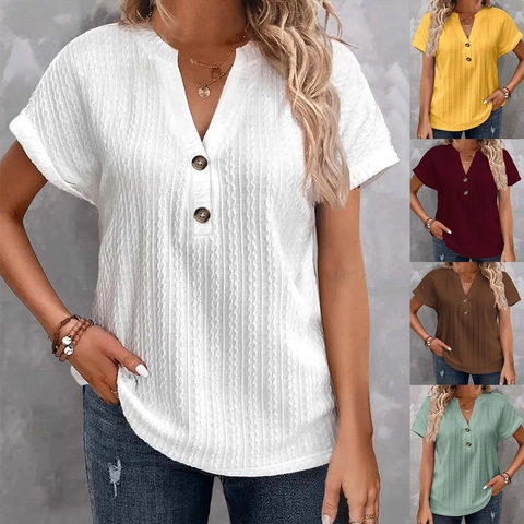 Dames Casual V-Hals Knoop Korte Mouw T-Shirt Ruime Pasvorm Wafel Ribbeltextuur Top Streetwear Effen Kleur Basic Zomer Tee