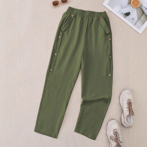 Damen Casual Lockere Hose Elastischer Bund Vintage Holzknöpfe Tasche Gerades Bein Hose Große Größen Knöchellang