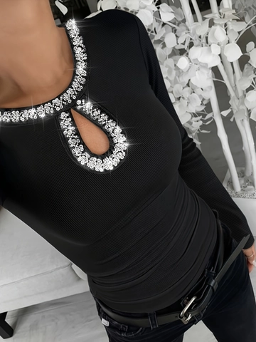 Women's Sexy Ribbed Long Sleeve T-Shirt With Rhinestone Keyhole Cutout Slim Fit Round Neck Solid Color Top For Autumn Winter