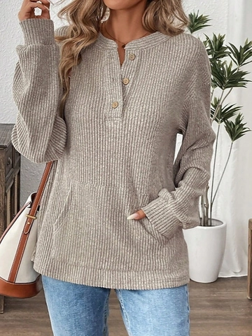 Dames Casual Geribbelde Gebreide Henley Shirt Knoop Lange Mouw T-Shirt Met Kangoeroezak Effen Kleur Losse Pasvorm Pullover Top