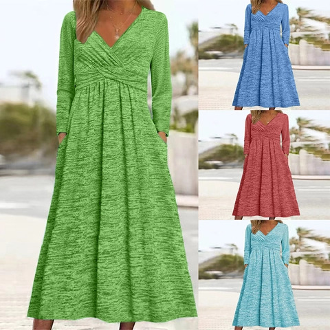Vestito Lungo da Donna Scollo a V Manica Lunga Con Tasche Nodo Incrociato Vita Alta Casual Melange Maglia Inverno Abito Lungo