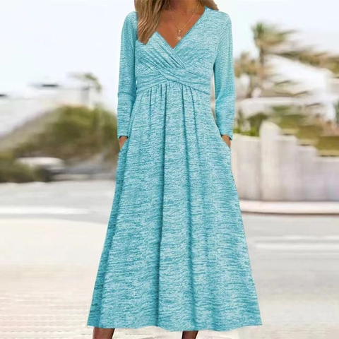 Vestito Lungo da Donna Scollo a V Manica Lunga Con Tasche Nodo Incrociato Vita Alta Casual Melange Maglia Inverno Abito Lungo