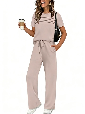 Top Donna Casual in Maglia a Maniche Corte Con Pieghe E Pantaloni a Gamba Larga Con Coulisse Abbigliamento Lounge Streetwear