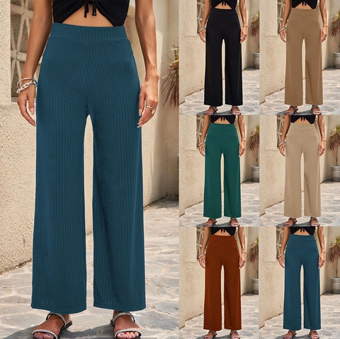 Pantalon Large à Taille Haute pour Femme Pantalon Droit Décontracté en Maille Côtelée Taille Élastique Confortable Couleur Unie