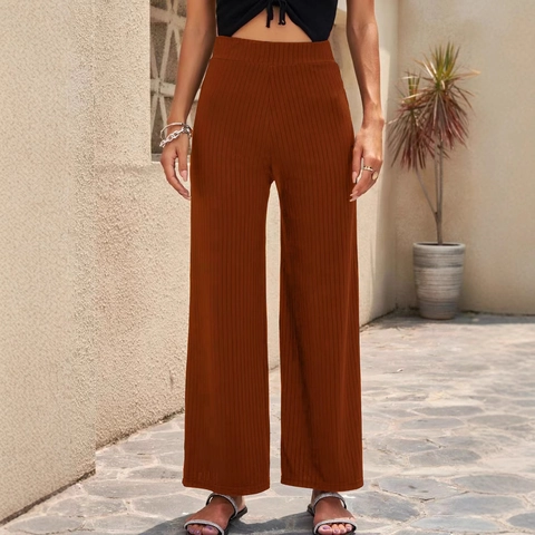 Women's High Waisted Ribbed Wide Leg Pants Casual Elastic Waist Knitted Loose Trousers Solid Color Streetwear Bottoms