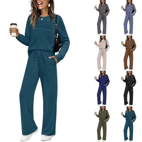 Dames Casual Tweedelige Set Effen Kleur Ronde Hals Plooien Lange Mouw Top Hoge Taille Trekkoord Brede Pijpen Broek
