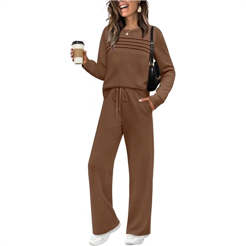 Dames Casual Tweedelige Set Effen Kleur Ronde Hals Plooien Lange Mouw Top Hoge Taille Trekkoord Brede Pijpen Broek