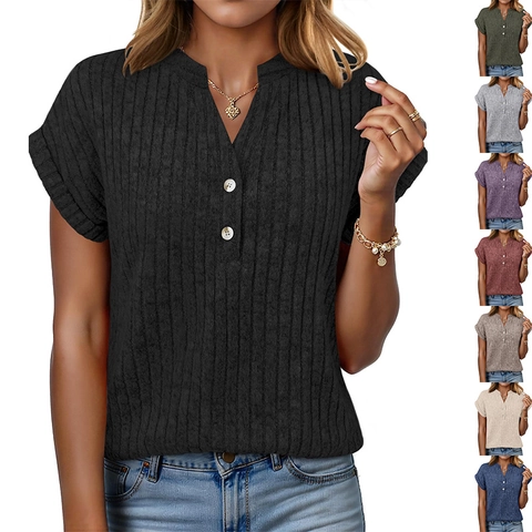 Dames Casual Geribbelde V Hals Vleermuismouw T Shirt Geborsteld Effen Kleur Korte Mouw Losse Gebreide Knoop Top Zomer Kleding