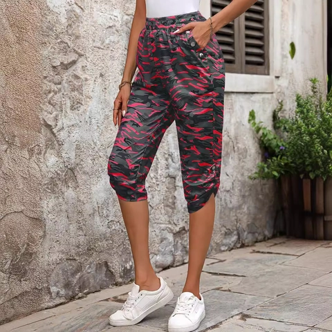 Women's Casual Camouflage Print Capri Pants Elastic Waist Drawstring Pockets Fashion Streetwear Summer Outdoor Trousers