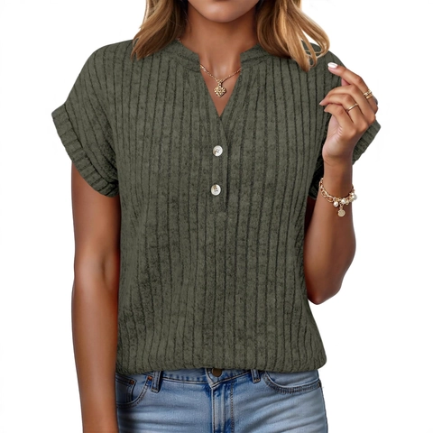 Dames Casual Geribbelde V Hals Vleermuismouw T Shirt Geborsteld Effen Kleur Korte Mouw Losse Gebreide Knoop Top Zomer Kleding