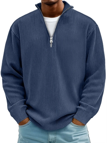 Sudadera de Punto de Canalé para Hombre Media Cremallera Casual Ajuste Holgado Manga Larga Jersey Poliéster Color Sólido Streetwear