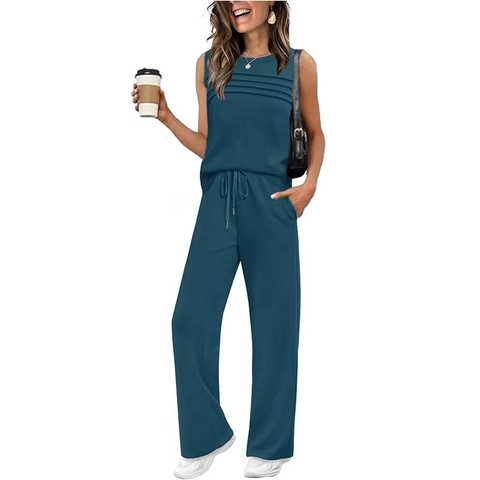 Women Sleeveless Round Neck Pleated Top And Bottom Casual Solid Color Wide Leg Pants With Pockets Two Piece Lounge Outfit