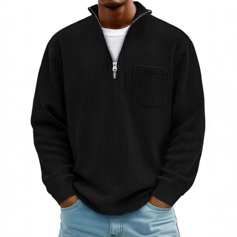 Sudadera Henley de Punto Acanalado Casual para Hombre Pullover con Media Cremallera Cuello Alto Color Sólido Manga Larga con Bolsillo