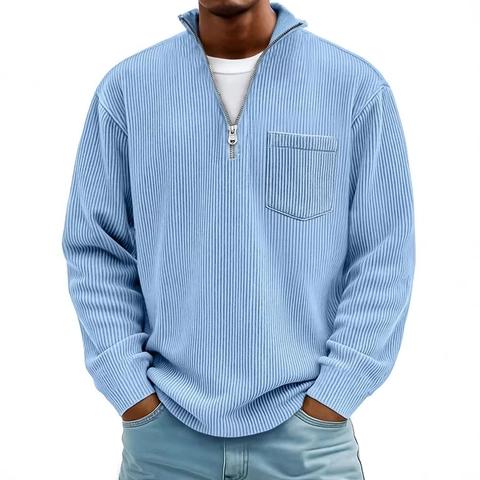 Sudadera Henley de Punto Acanalado Casual para Hombre Pullover con Media Cremallera Cuello Alto Color Sólido Manga Larga con Bolsillo