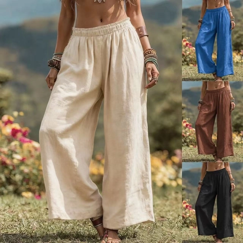 Women's Casual Wide Leg Pants Elastic Waist Loose Straight Trousers With Pockets Bohemian Style Solid Color Vacation Beach Pants