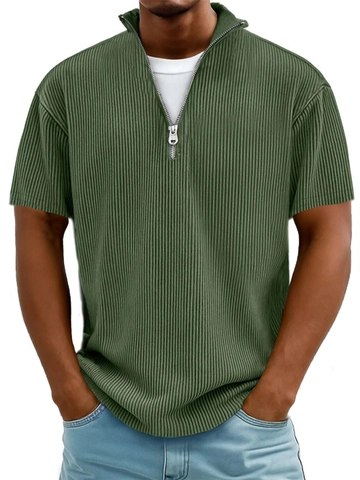 Men's Short Sleeve Polo Shirt Ribbed Texture Quarter Zip Stand Collar Casual Street Style Summer Breathable Solid Color Top