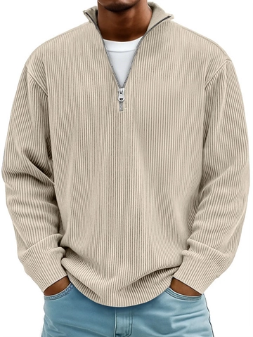 Herren 1/4 Reißverschluss Sweatshirt Gerippt Strick Stehkragen Polo Shirt Langarm Casual Pullover Slim Fit Urban Mode Einfarbig Tops