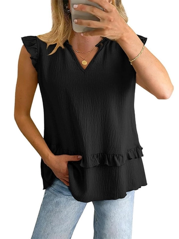 Dames Mouwloze Blouse met Ruffles V-hals Effen Kleur Geplooide Textuur Losse Pullover Tanktop Zomer Mode Casual Shirt