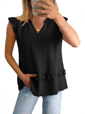 Dames Mouwloze Blouse met Ruffles V-hals Effen Kleur Geplooide Textuur Losse Pullover Tanktop Zomer Mode Casual Shirt