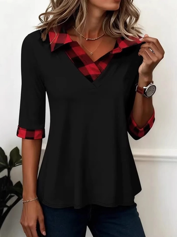 Γυναικείο Casual T-Shirt με Λαιμόκοψη V Καρό Patchwork Μανίκι 3/4 Μαύρο Top Άνετο Πολυεστέρας Street Style Γυναικείο Tee