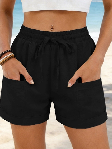 Women Summer Shorts Elastic High Waist Drawstring Short Pants With Pockets Cuffed Hem Polyester Spandex Casual Beach Wear